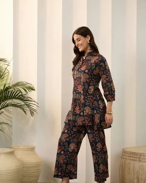 Floral Blue Cotton Kurta Set - Insta-Ready Look