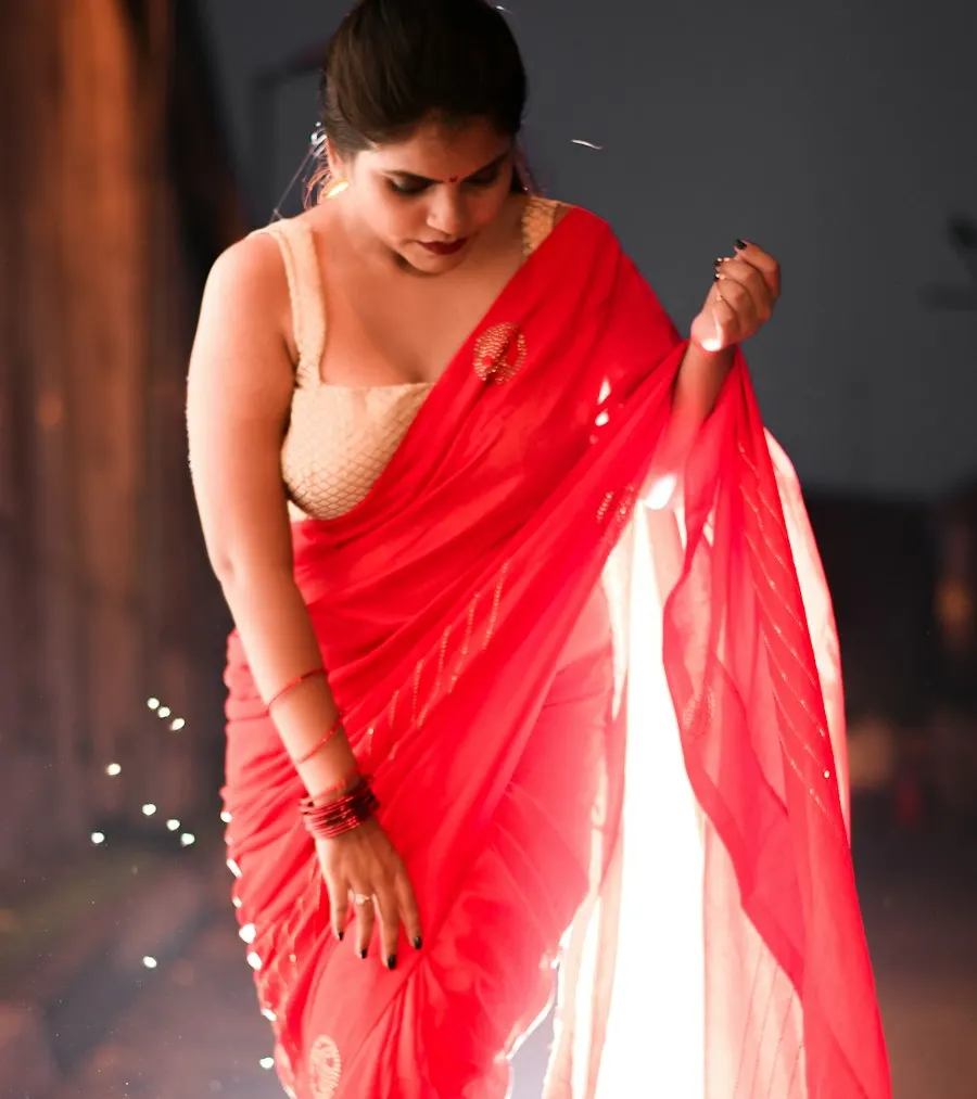 Handcrafted Red Georgette Saree - Diwali Glow