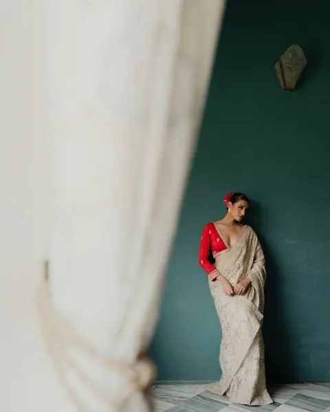 Handcrafted Cream Organza Saree - Classic Indian Charm